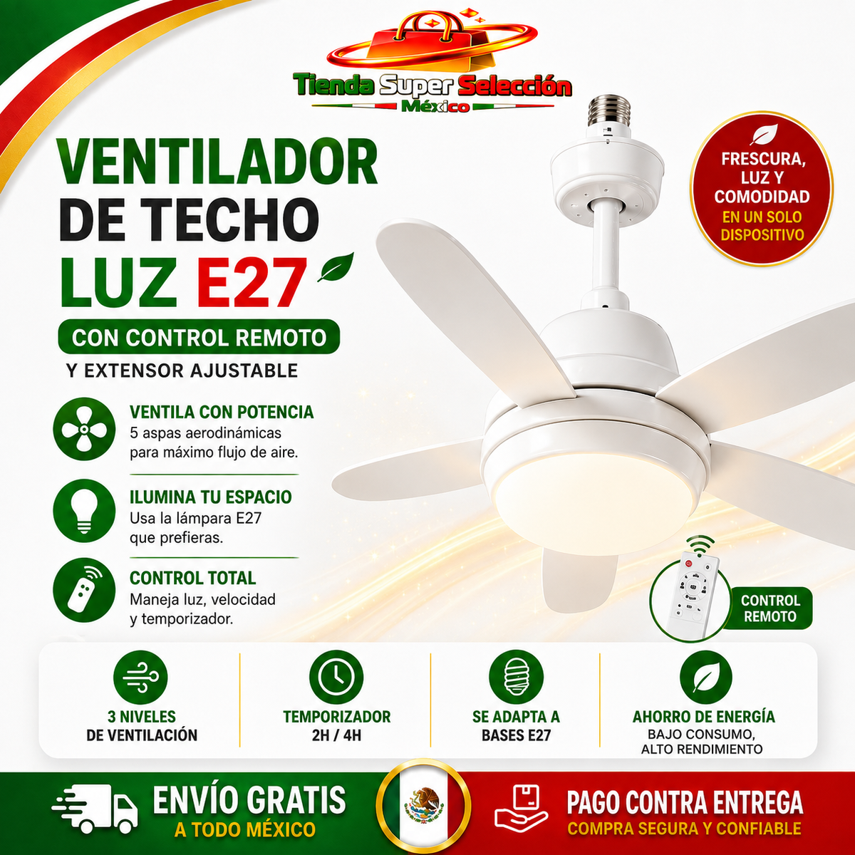 💨💡VENTILADOR DE TECHO CON LÁMPARA LED:💨💡 Intensidad Ajustable, Control Remoto - ¡Instala en segundos! (NUEVO)💨💡