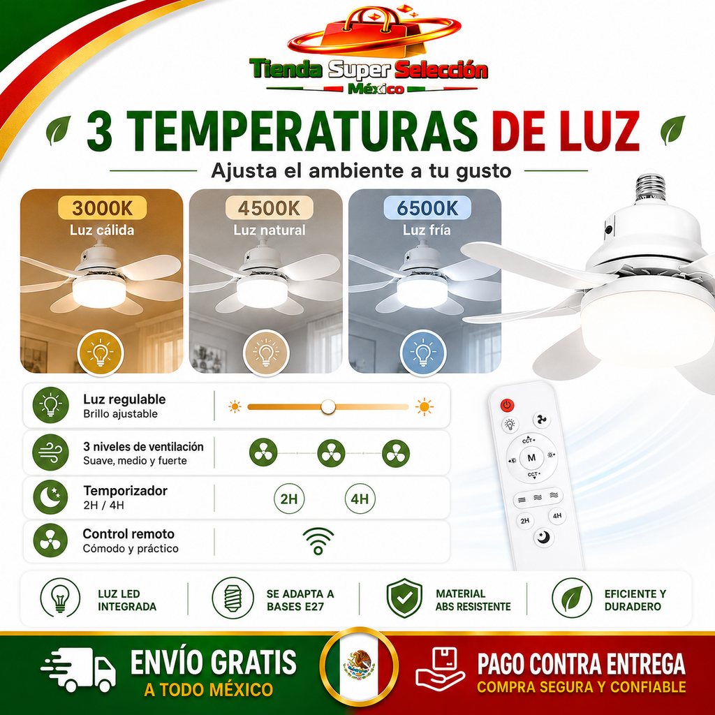 💨💡VENTILADOR DE TECHO CON LÁMPARA LED:💨💡 Intensidad Ajustable, Control Remoto - ¡Instala en segundos! (NUEVO)💨💡
