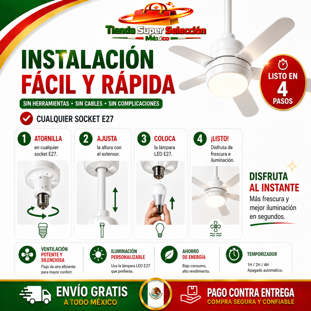 💨💡VENTILADOR DE TECHO CON LÁMPARA LED:💨💡 Intensidad Ajustable, Control Remoto - ¡Instala en segundos! (NUEVO)💨💡