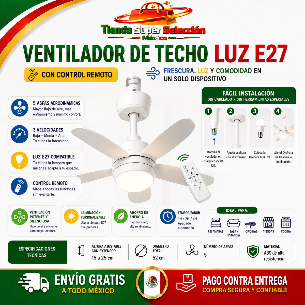 💨💡VENTILADOR DE TECHO CON LÁMPARA LED:💨💡 Intensidad Ajustable, Control Remoto - ¡Instala en segundos! (NUEVO)💨💡