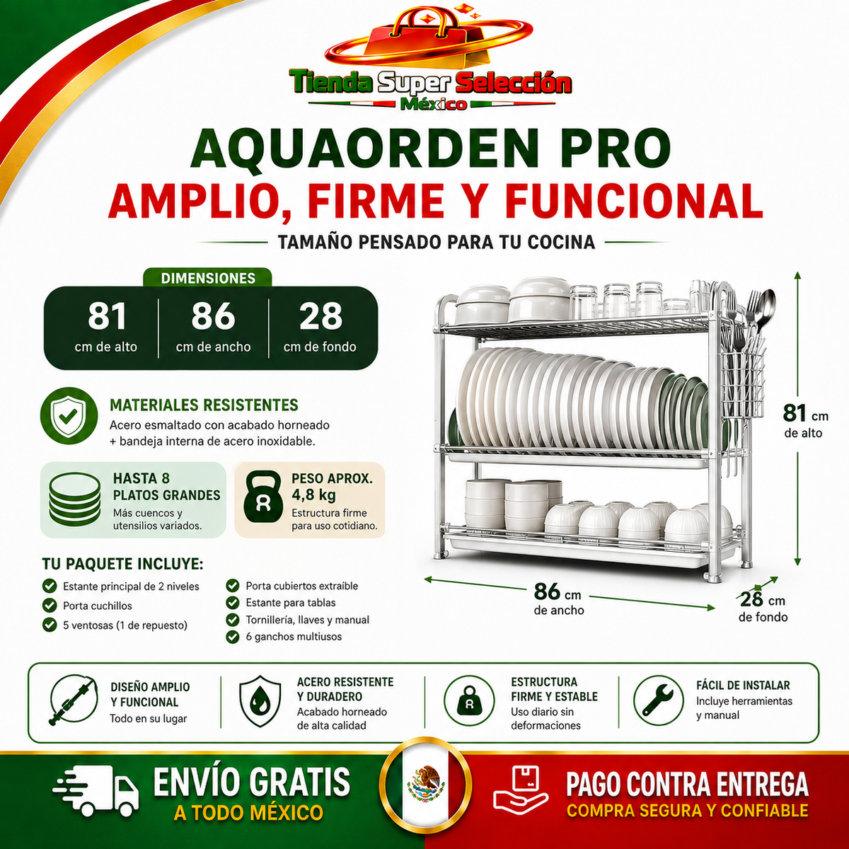 🍽️ AquaOrden Pro™ | Escurridor de Acero de 2 Niveles ✨ Más Orden y Espacio en tu Cocina🍽️