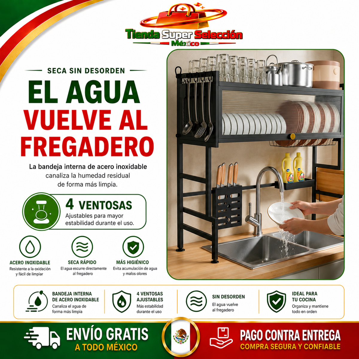 🍽️ AquaOrden Pro™ | Escurridor de Acero de 2 Niveles ✨ Más Orden y Espacio en tu Cocina🍽️