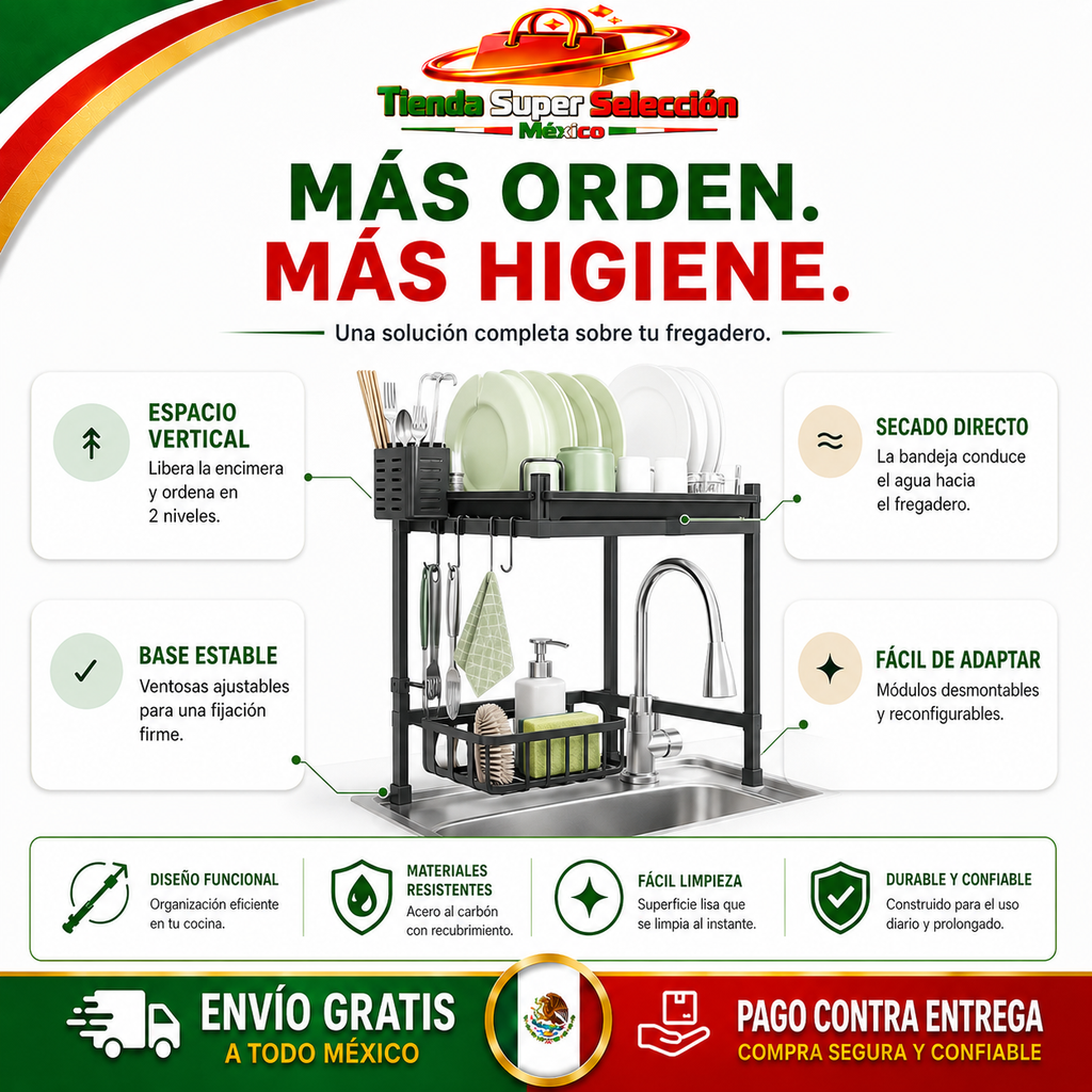 🍽️ AquaOrden Pro™ | Escurridor de Acero de 2 Niveles ✨ Más Orden y Espacio en tu Cocina🍽️