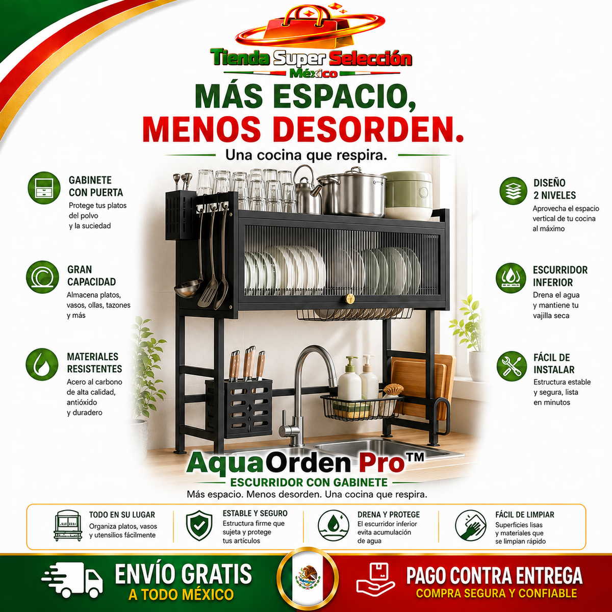 🍽️ AquaOrden Pro™ | Escurridor de Acero de 2 Niveles ✨ Más Orden y Espacio en tu Cocina🍽️